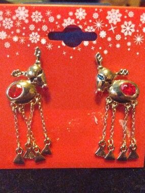 Gold-tone Reindeer Dangle Earrings with Red Accents